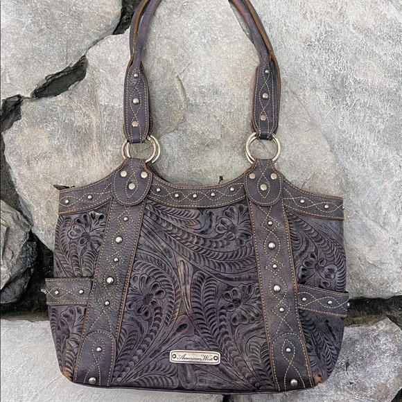 American West Tooled Leather Purse Purple - Picture 1 of 10